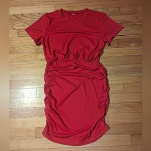 MEDIUM Red Ruched Bodycon Mini Dress Casual Short Sleeve T-Shirt Dress Summer